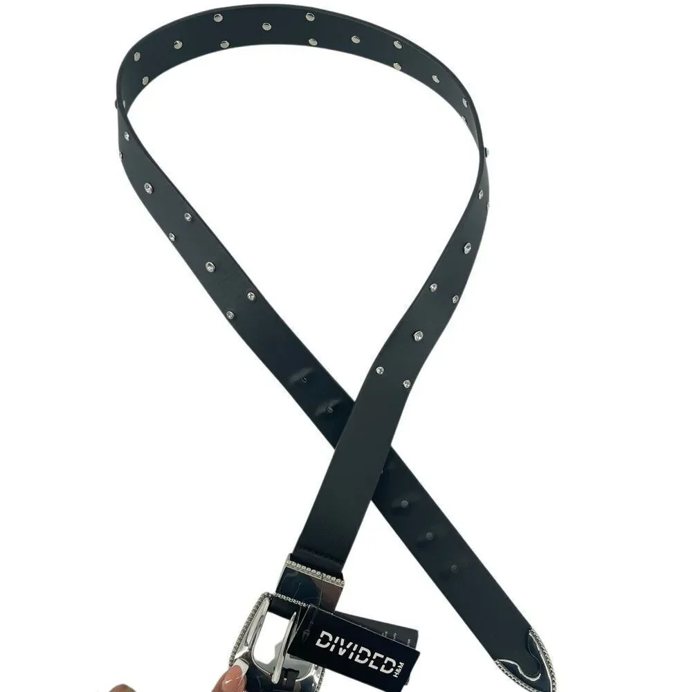 H&M Divided Black Faux Leather Studded Rhinestone Belt Western NWT Y2K